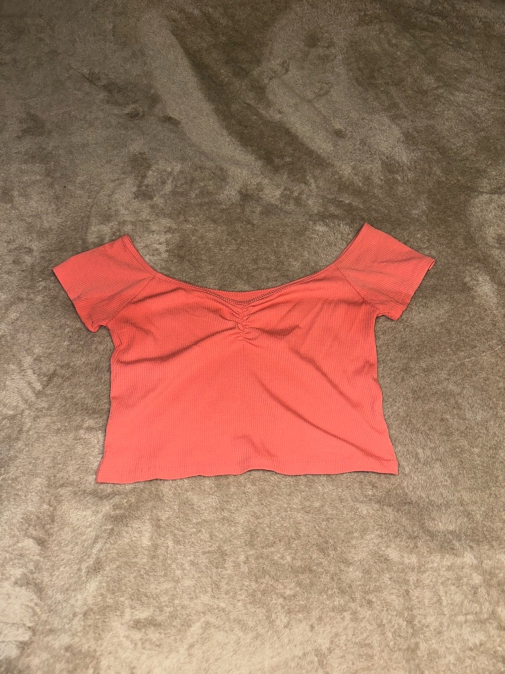 American Eagle Outfitters Coral Off-Shoulder Ribbed Crop Top